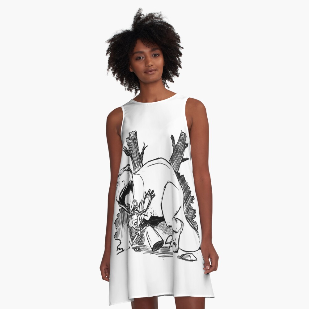 Dinosaurs And Robots- black version A-Line Dress