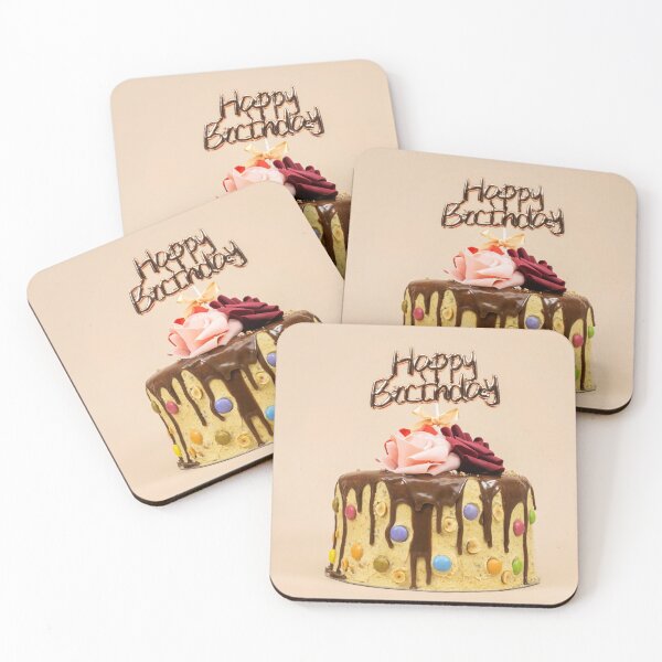 Item preview, Birthday layer cake decorated with chocolate pieces and happy birthday text, hazelnuts and roses flowers isolated on pink background designed and sold by sigoisette.