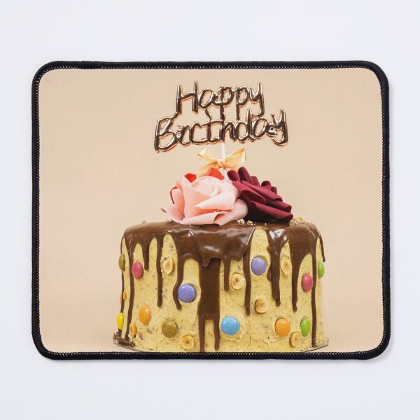 Item preview, Birthday layer cake decorated with chocolate pieces and happy birthday text, hazelnuts and roses flowers isolated on pink background designed and sold by sigoisette.