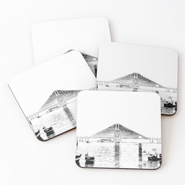 Item preview, Mumbai Sea Link Bridge sunset, India,  converted to black and white line drawing art, wall art, print, personalised gifts, custom printed gifts designed and sold by CameraDesign.