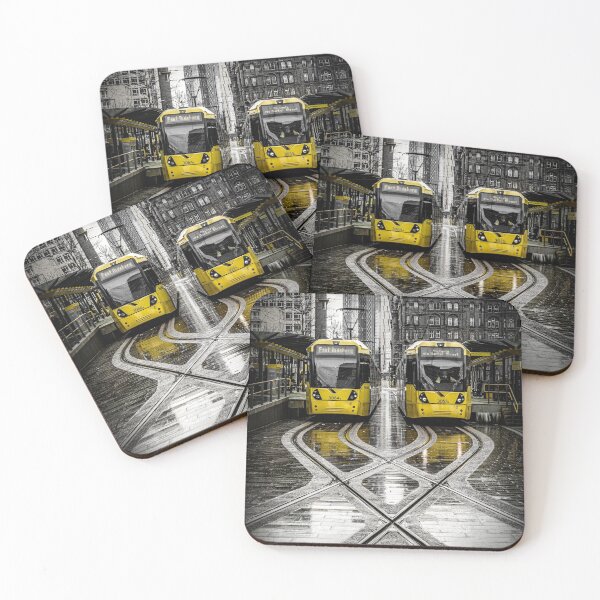 Item preview, Yellow Manchester Trams at Tram Stop in Rain designed and sold by Tony North.