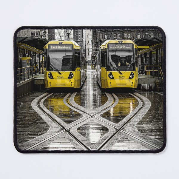 Item preview, Yellow Manchester Trams at Tram Stop in Rain designed and sold by Tony North.