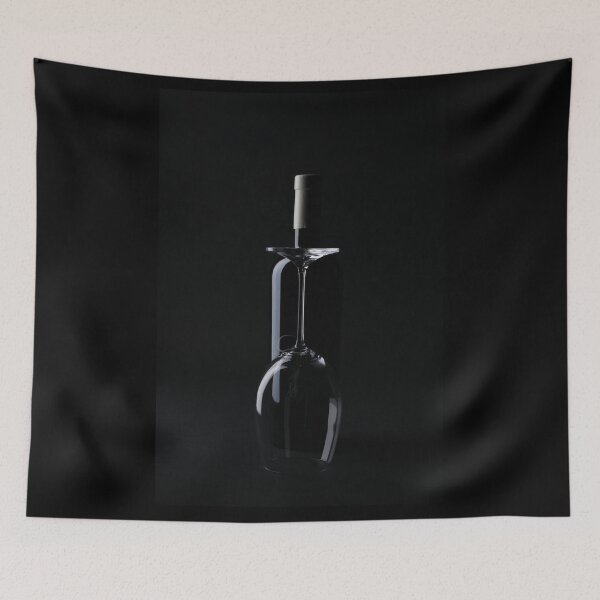 Item preview, Wine bottle and upside down glass on black background photography designed and sold by wineandwords.