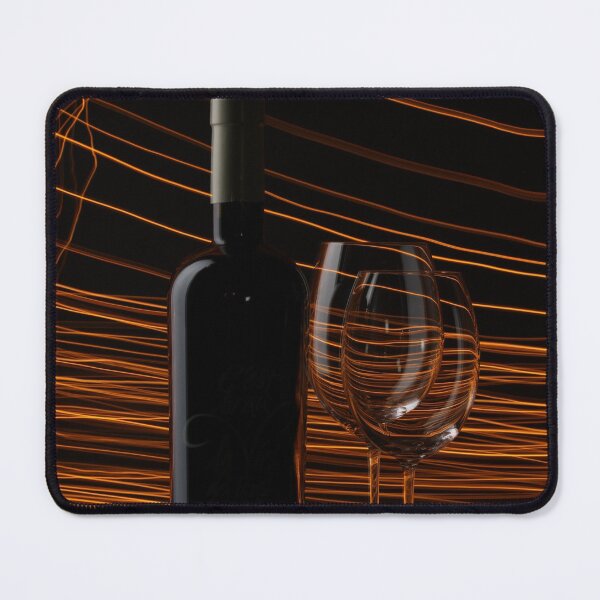 Item preview, Wine bottle glasses and fire lights on black background photography designed and sold by wineandwords.