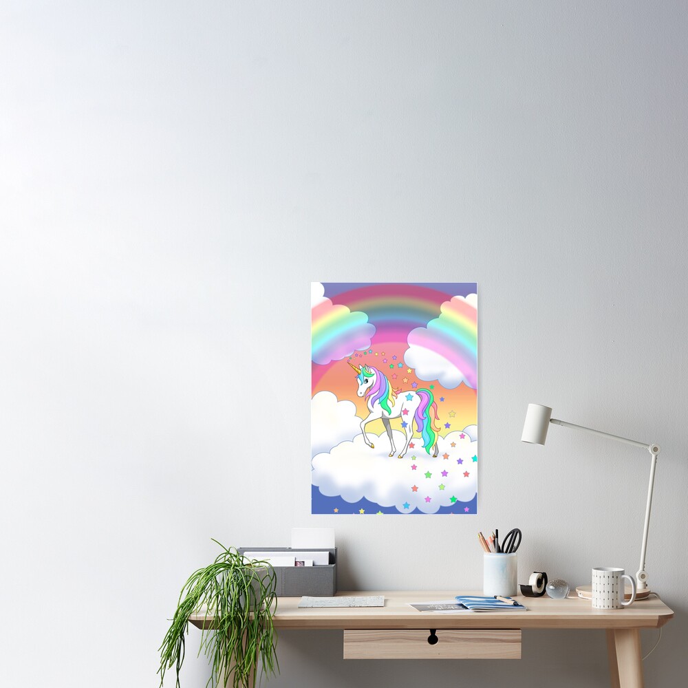 Pretty Rainbow Unicorn Clouds Colorful Falling Stars Poster For Sale