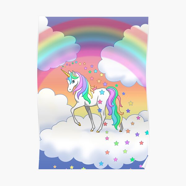 Pretty Rainbow Unicorn Clouds Colorful Falling Stars Poster
