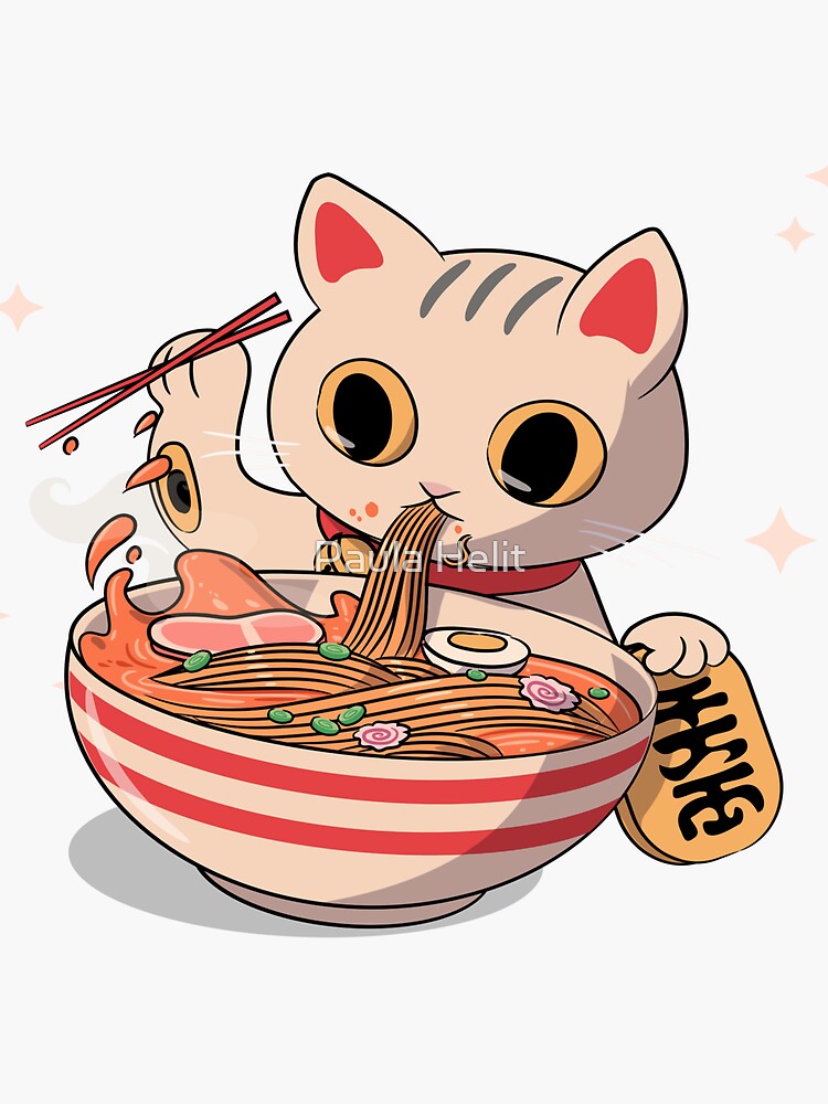 Kawaii Cat Eating Ramen Noodles Japanese Food Anime