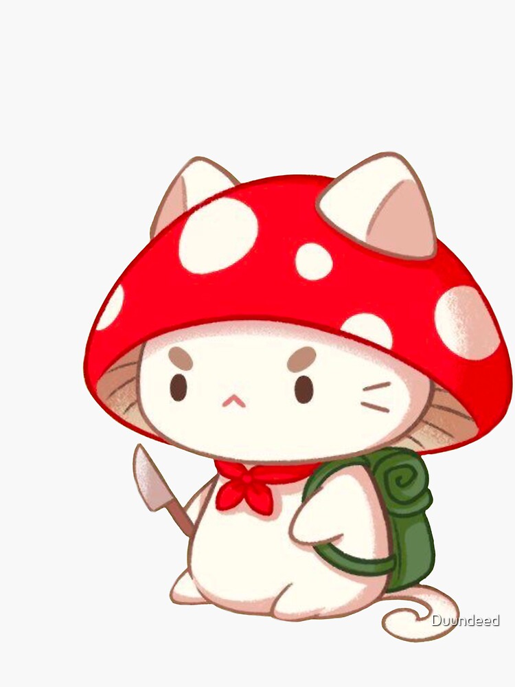 "Cute Angry Kitten with Mushroom head and Knife in hands, Cute Mushroom