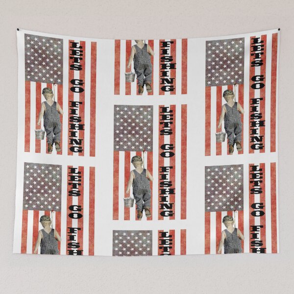 Item preview, Lets Go Fishing Flag USA Boy in Overalls Fishing Pole Bucket designed and sold by KeysTreasures.