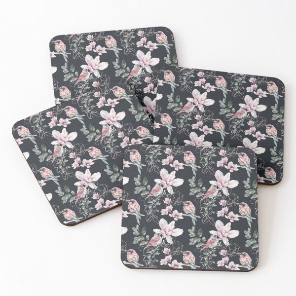 Item preview, Beautiful Pink Flowers, Birds on Black, Floral Pattern  designed and sold by Jaydee001.