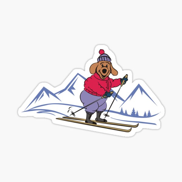 Happy Cartoon Dog Skiing in the Winter Mountains Sticker