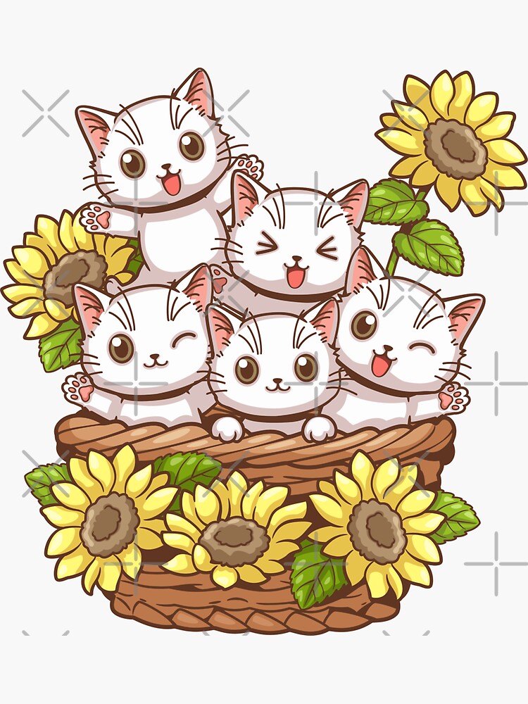 White Cat With Sunflower, Cute Kitten in Flower Basket