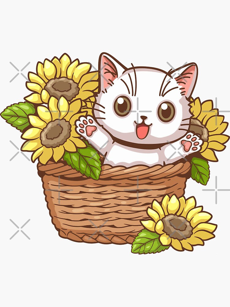 kawaii happy Valentine white kitten cat in mug with rose flowers