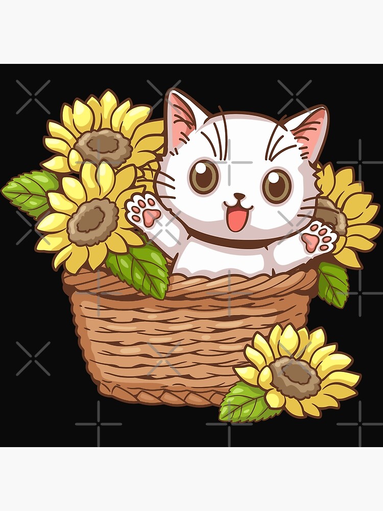 White Cat With Sunflower, Cute Kitten in Flower Basket