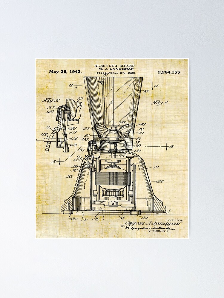 "vintage kitchen appliance patent print of electric food mixer 1942