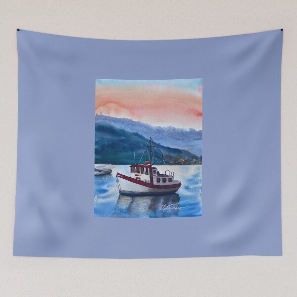 Item preview, Fishing Trawler boat on the sea sunset in the mountains view designed and sold by Arteaventura.