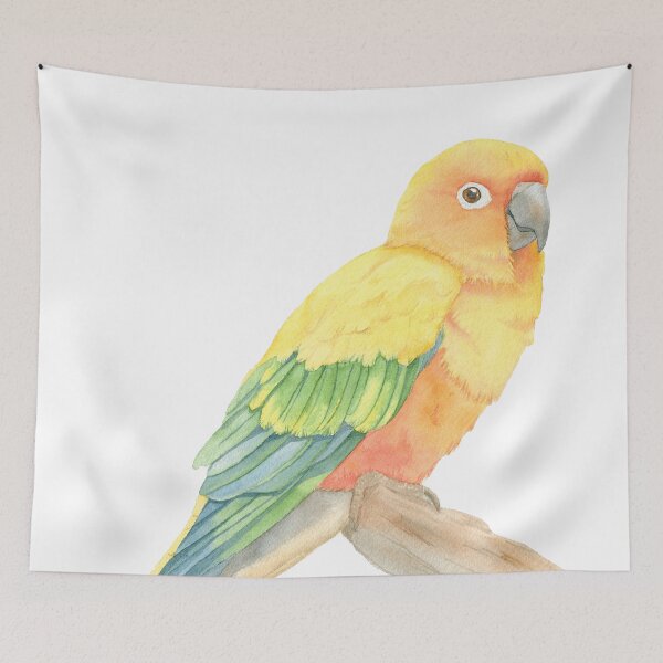 Aperçu de l'œuvre Portrait de perroquet aquarelle de conure perruche du soleil créée et vendue par L'Atelier Oranjade.