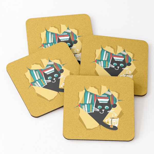 Item preview, Bookish cat // black cat with tea mug teal neon red white and yellow books  designed and sold by SelmaCardoso.