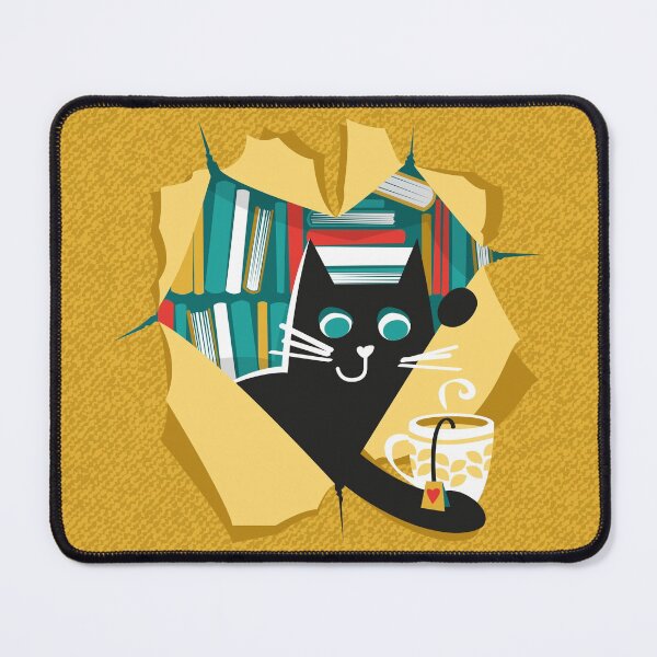 Item preview, Bookish cat // black cat with tea mug teal neon red white and yellow books  designed and sold by SelmaCardoso.