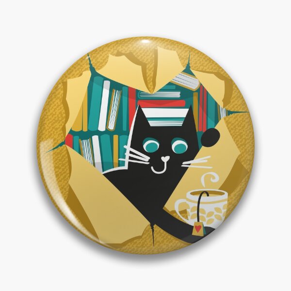 Item preview, Bookish cat // black cat with tea mug teal neon red white and yellow books  designed and sold by SelmaCardoso.