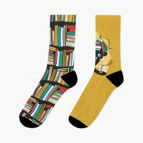 Item preview, Bookish cat // black cat with tea mug teal neon red white and yellow books  designed and sold by SelmaCardoso.