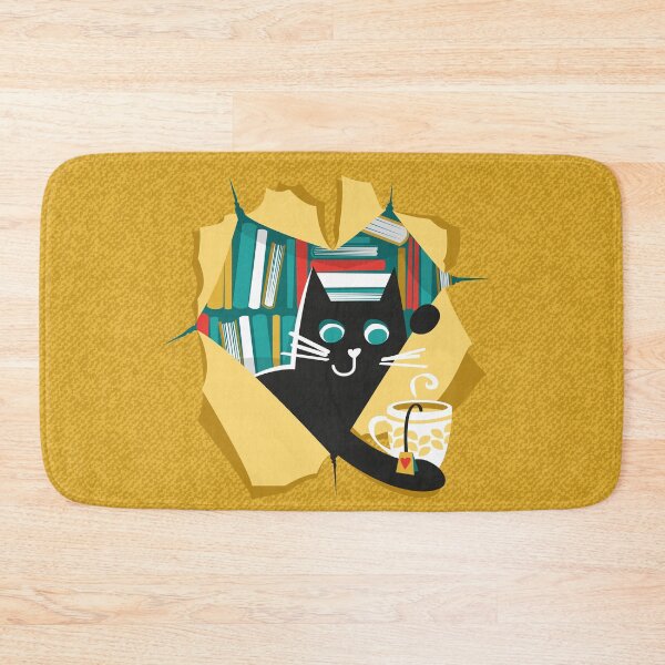 Item preview, Bookish cat // black cat with tea mug teal neon red white and yellow books  designed and sold by SelmaCardoso.