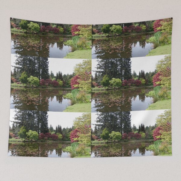 Item preview, Pond and colorful  bushes, trees in a garden designed and sold by naturematters.