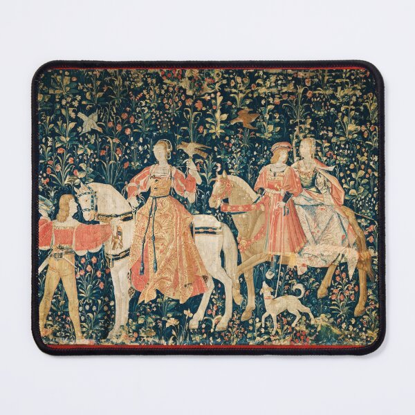 Item preview, HAWKING PARTY ON HORSES  AMONG FLOWERS Pink Blue Green Floral designed and sold by BulganLumini.