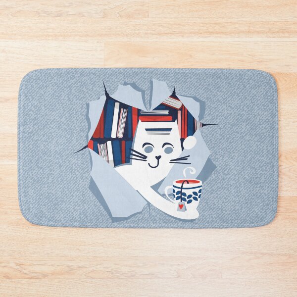 Item preview, Bookish cat // white cat with tea mug neon red flesh coral white classic and pastel blue books designed and sold by SelmaCardoso.