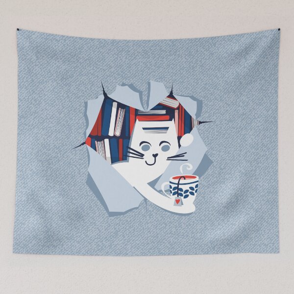 Item preview, Bookish cat // white cat with tea mug neon red flesh coral white classic and pastel blue books designed and sold by SelmaCardoso.