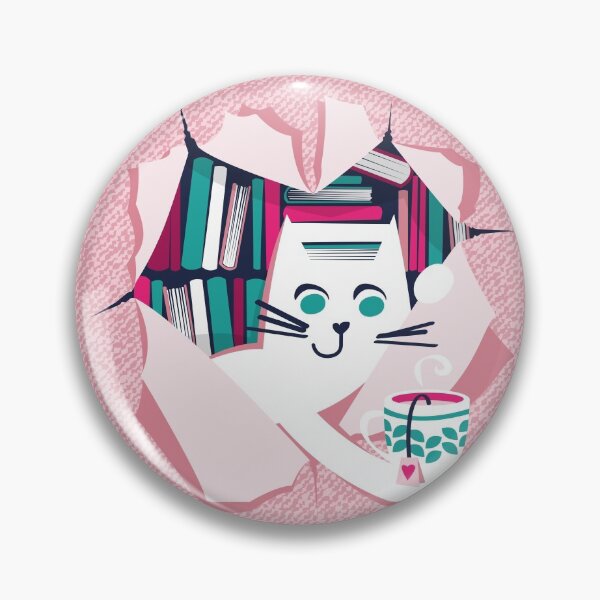 Item preview, Bookish cat // white cat with tea mug teal white fuchsia and pastel pink books designed and sold by SelmaCardoso.