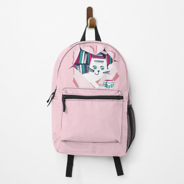 Item preview, Bookish cat // white cat with tea mug teal white fuchsia and pastel pink books designed and sold by SelmaCardoso.
