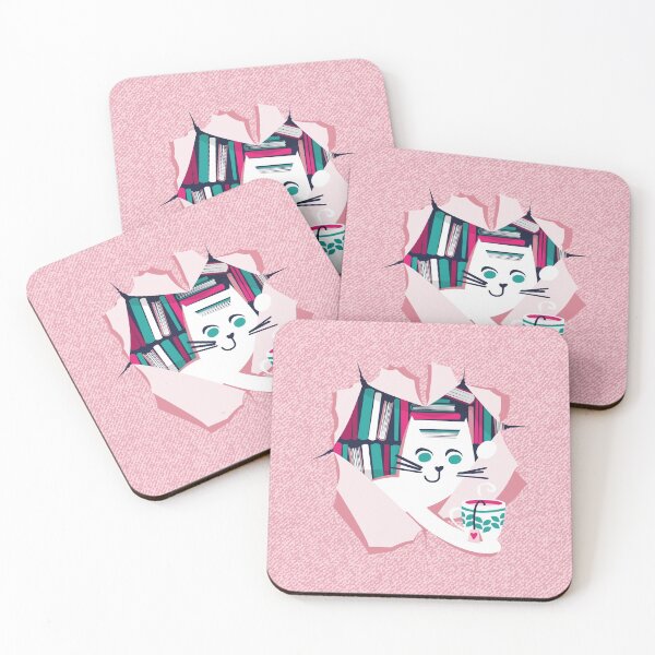 Item preview, Bookish cat // white cat with tea mug teal white fuchsia and pastel pink books designed and sold by SelmaCardoso.