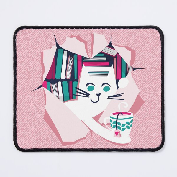Item preview, Bookish cat // white cat with tea mug teal white fuchsia and pastel pink books designed and sold by SelmaCardoso.