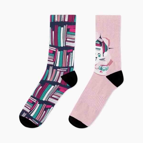 Item preview, Bookish cat // white cat with tea mug teal white fuchsia and pastel pink books designed and sold by SelmaCardoso.