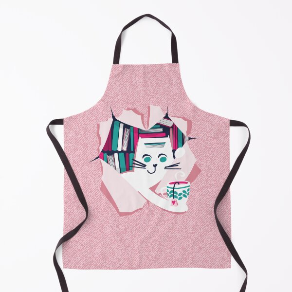 Item preview, Bookish cat // white cat with tea mug teal white fuchsia and pastel pink books designed and sold by SelmaCardoso.