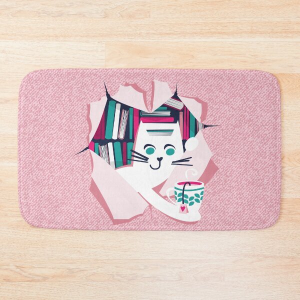 Item preview, Bookish cat // white cat with tea mug teal white fuchsia and pastel pink books designed and sold by SelmaCardoso.
