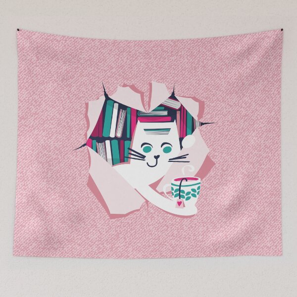 Item preview, Bookish cat // white cat with tea mug teal white fuchsia and pastel pink books designed and sold by SelmaCardoso.