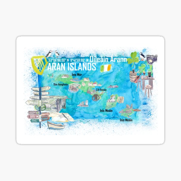 Item preview, Aran Islands Ireland Illustrated Travel Map with Tourist Highlights - Signpost Edition designed and sold by artshop77.