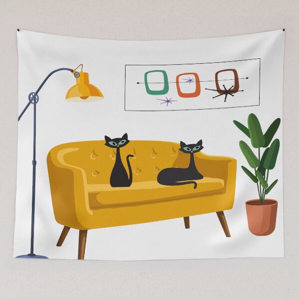 Item preview, Mid Century Cats on Yellow Retro Sofa designed and sold by LisWilliams.