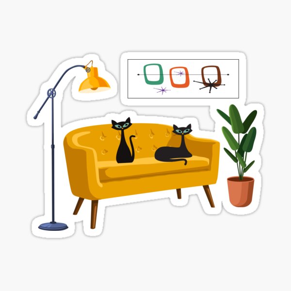 Mid Century Cats on Yellow Retro Sofa Sticker