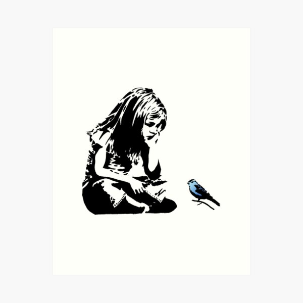 Aperçu de l'œuvre Tableau sur toile Banksy Fille avec oiseau bleu créée et vendue par Adrianne8429.