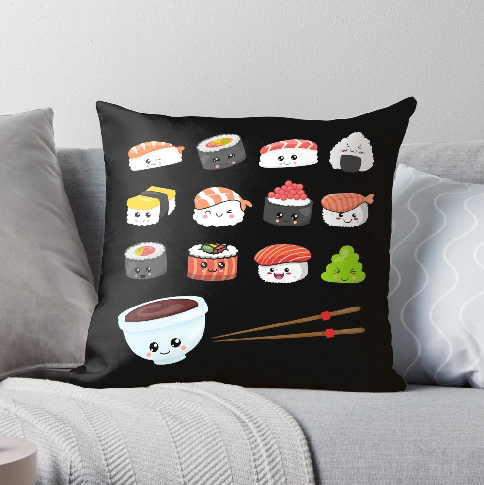 Kawaii Sushi Japanese Anime Happy Cute Sushi Gifts Kawaii Cute Happy Funny  Japanese Anime Sushi Art Throw Pillow, 16x16, Multicolor