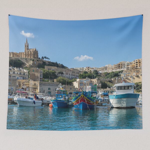 Item preview, Cheerful Maltese - Traditional Fishermen Boats at Gozo Mgarr Harbor designed and sold by Georgia Mizuleva.