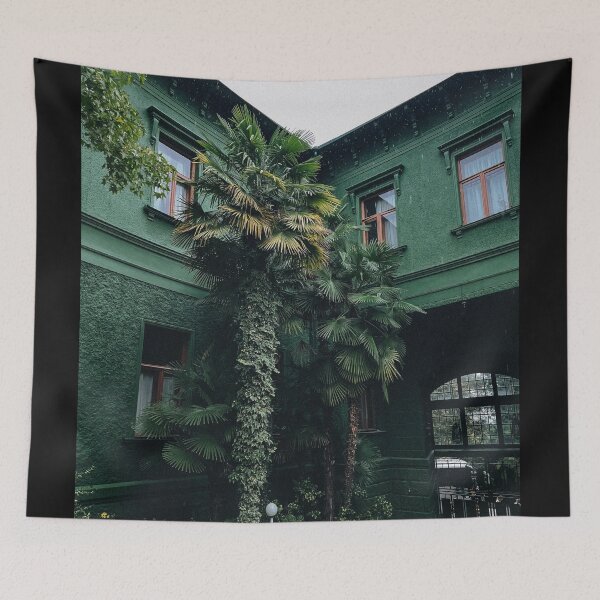 Item preview, Green house in front of green trees with sunflowers designed and sold by class01.