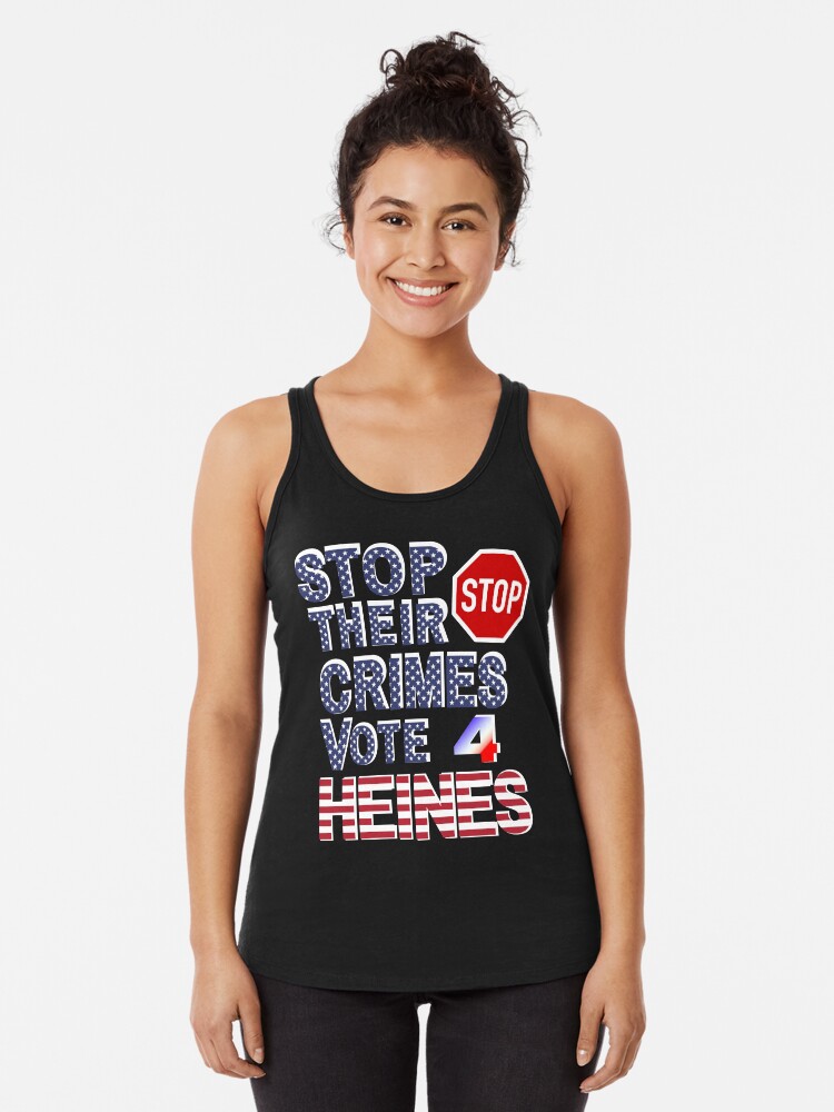 Thumbnail 1 of 3, Racerback Tank Top, Stop Their Crimes Vote For Heines Merchandise designed and sold by Heinessight.