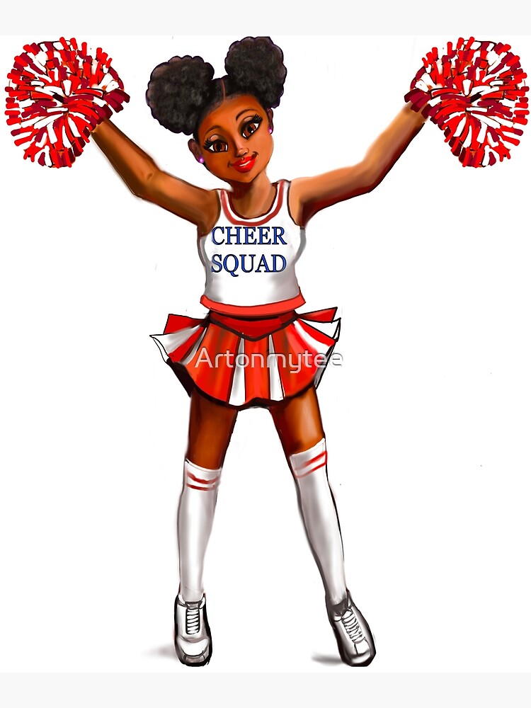 jamaican Inspirational motivational affirmation Cheer leader with Pom poms  - Cheer Squad - anime girl cheerleader with Afro hair in puffs, brown eyes  and dark brown skin side profile. Hair love !