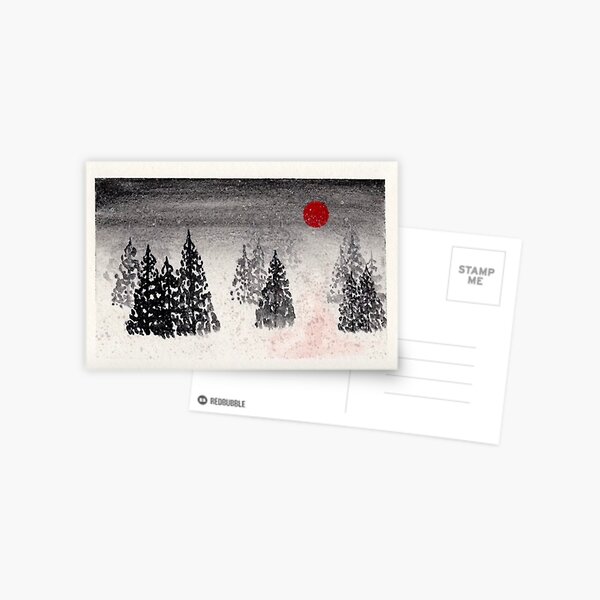 Black Winter Forest With Red Moon Postcard