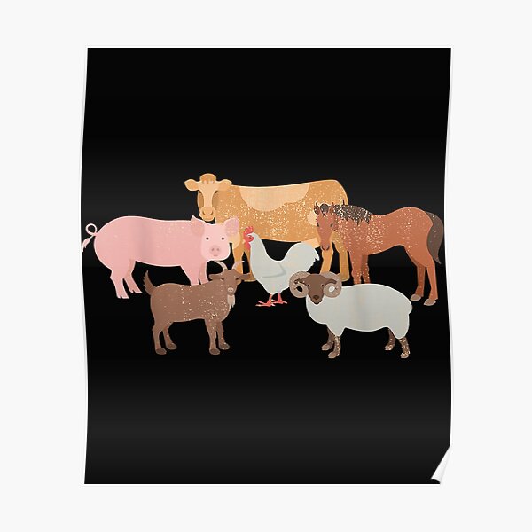 Cute Farm Animals Cow Pig Chicken Horse Sheep and Goat Poster