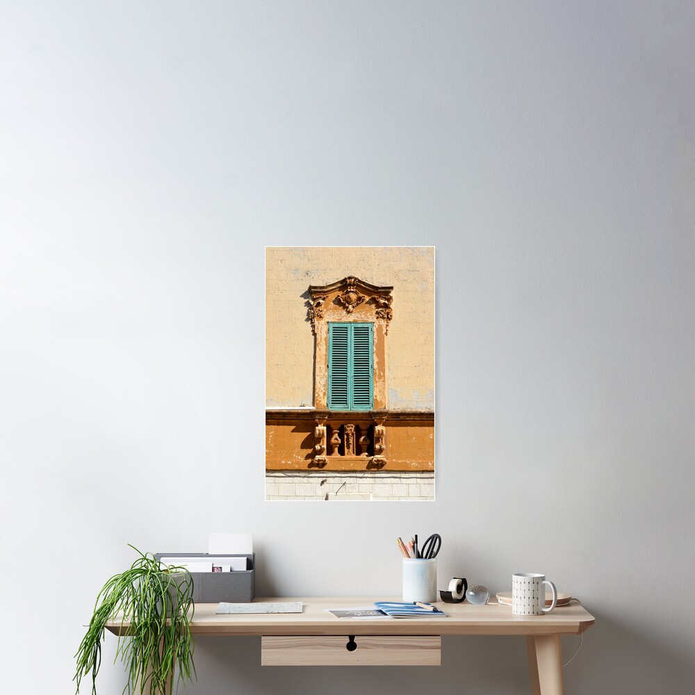 Ornate window frame in bright wall, Italy Poster